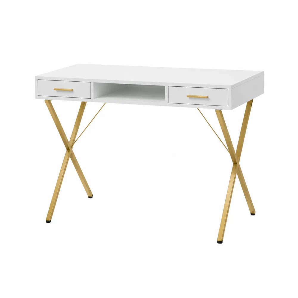 Schreibtisch mit zwei Schubladen Metallgestell MDF Weiß Gold 120 cm
