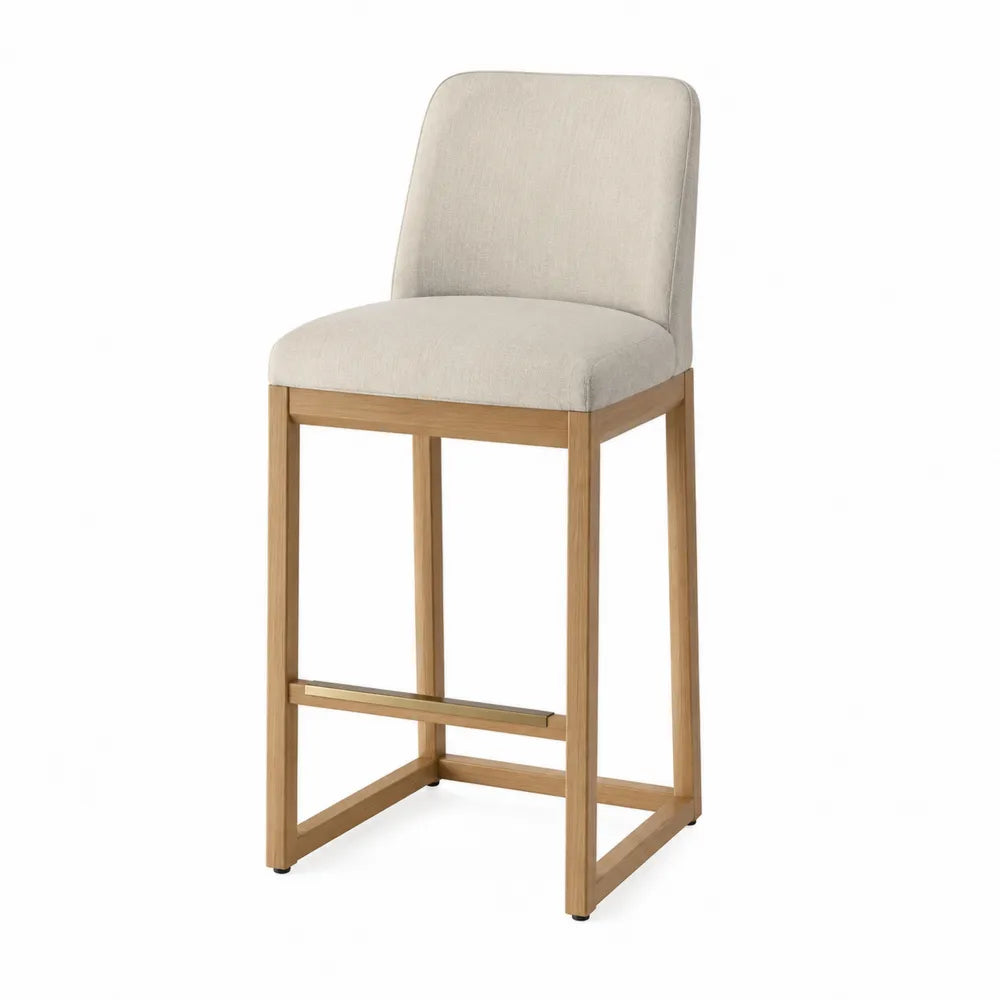 Barhocker mit Eichenrahmen und Polyesterbezug, Beige