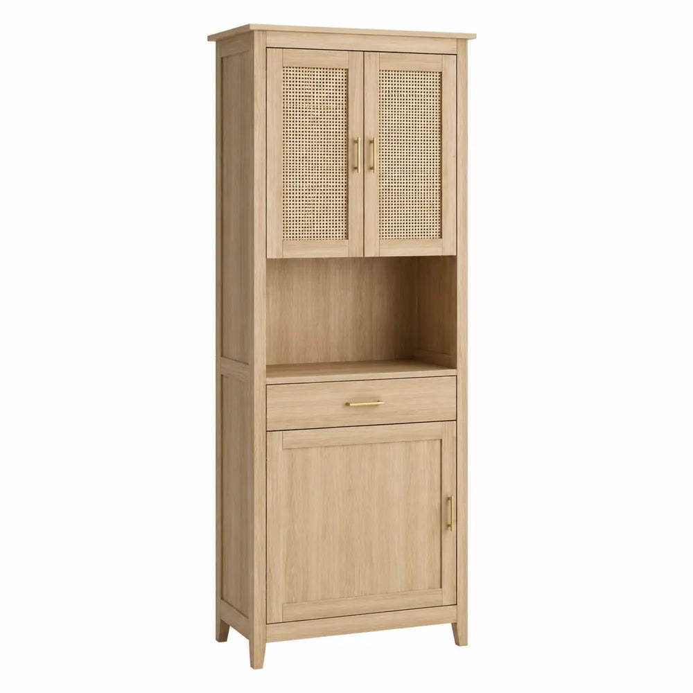 Hoher Holzschrank mit Rattangewebe 180cm x 60cm x 40cm