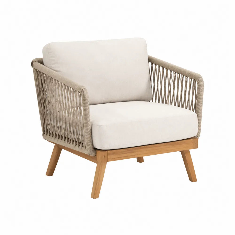 Outdoor Sessel aus Holz mit Seilgeflecht und Kissen Beige