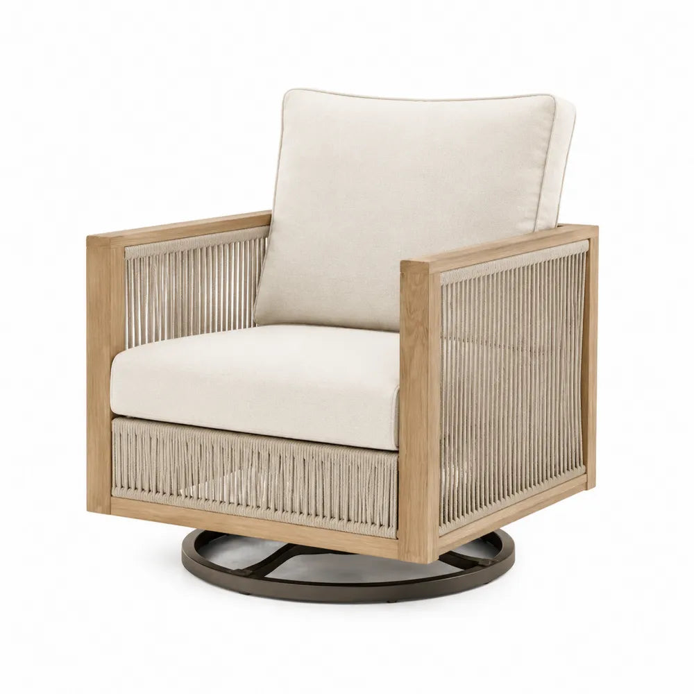 Drehbarer Sessel aus Eukalyptusholz mit Polyester-Seilgeflecht und Polyester-Polster Beige