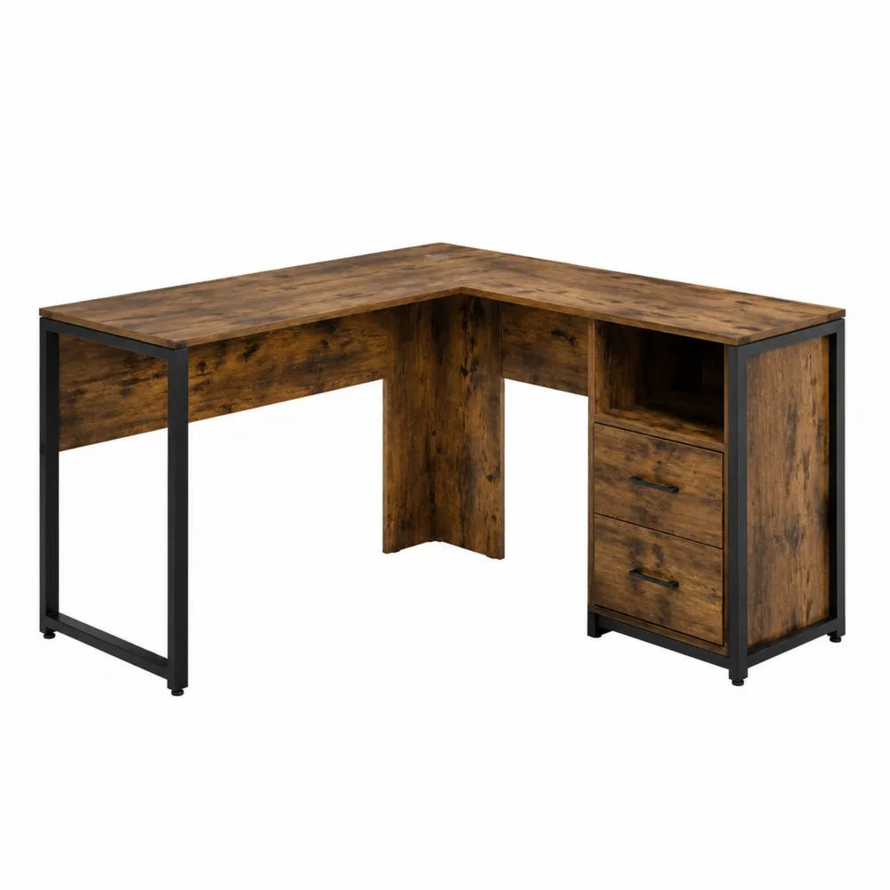 Eckschreibtisch L-Form Holzoptik mit Metallrahmen und Schubladen 140 x 120 cm