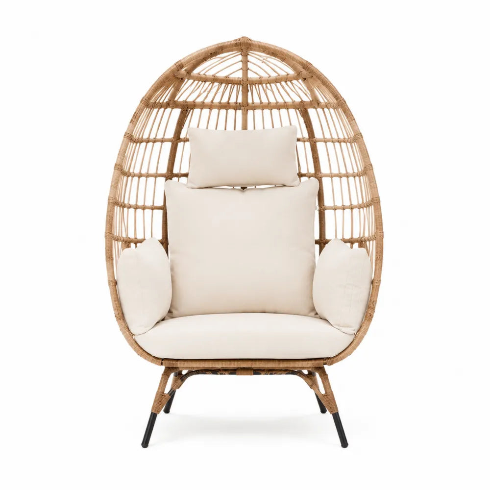 Rattan-Sessel Ei-Form mit Stahlrahmen und beigen Kissen