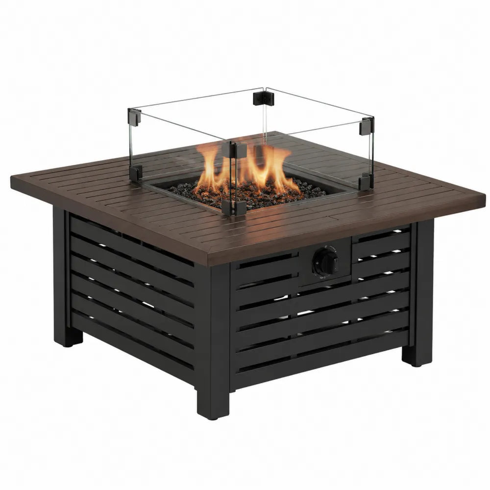 Quadratischer Feuertisch aus Stahl mit gehärtetem Glas Braun/Schwarz 100x100x60 cm