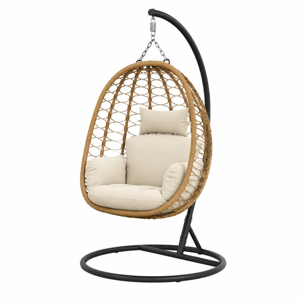 Rattan Hängesessel mit Stahlgestell und Polyesterkissen, Beige