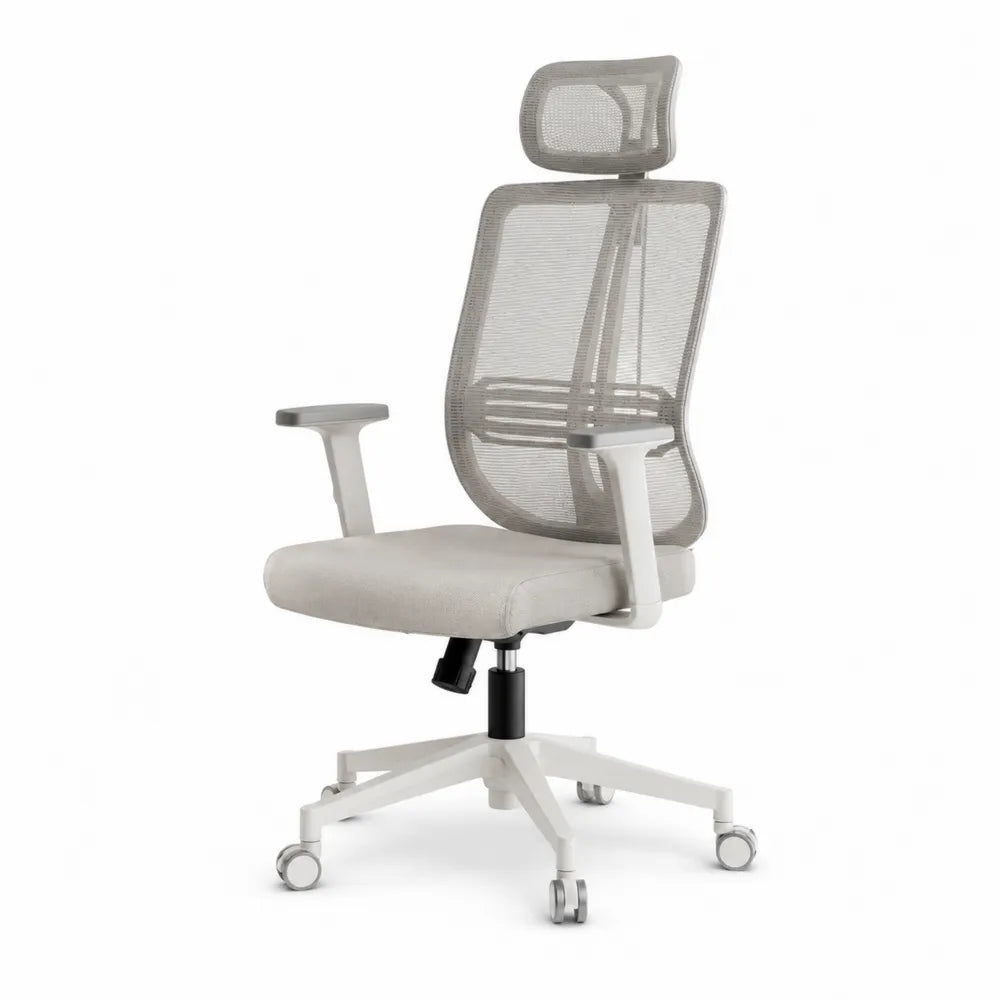 Ergonomischer Bürostuhl mit Netzrückenlehne und Kopfstütze in Grau