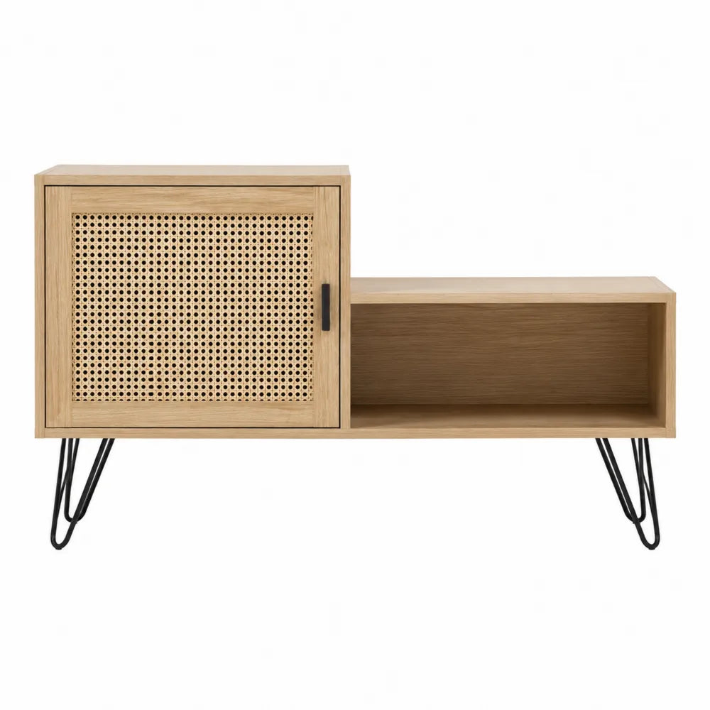 Sideboard aus Eichenholz mit Rattan-Tür und Metallbeinen, 120x40x60cm