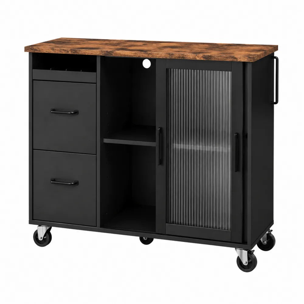 Küchenwagen mit Rollen aus Holzoptik und Metall, Schwarz, 80x40x90cm
