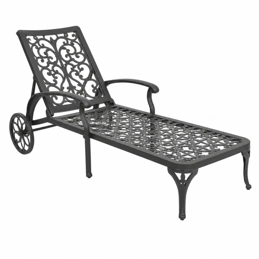 Gartenliege aus Aluminium mit verstellbarer Rückenlehne und Rädern, Schwarz