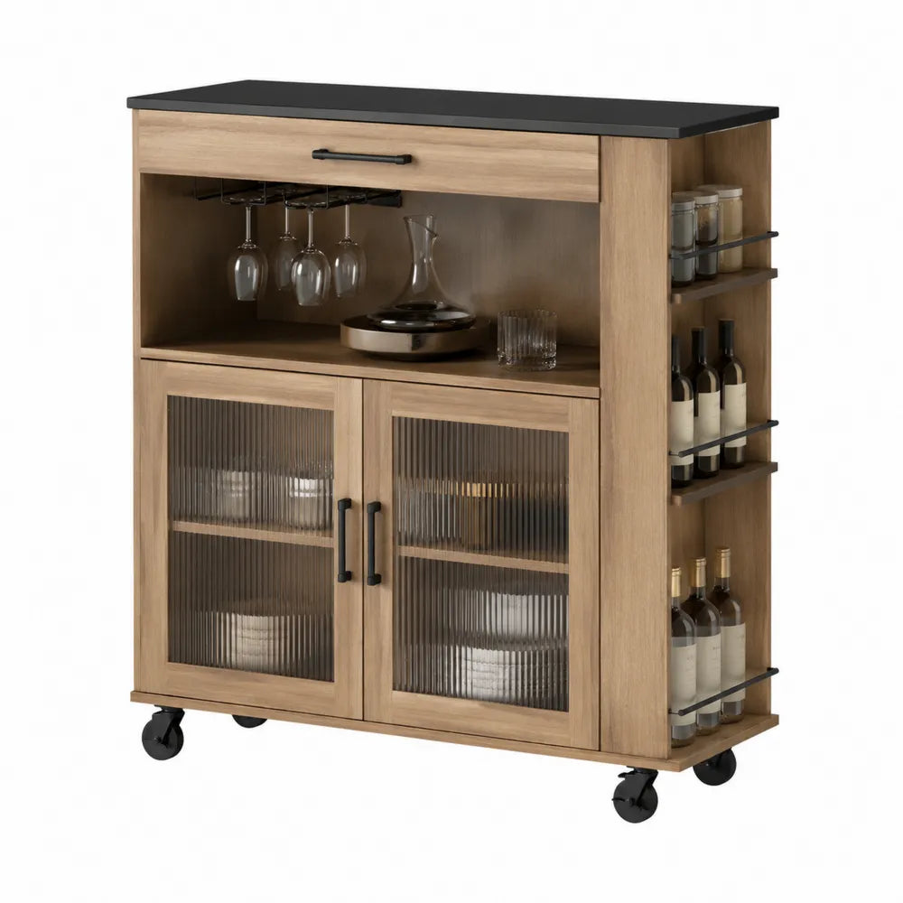 Sideboard aus Eichenholz mit Rollen und Glasfronten