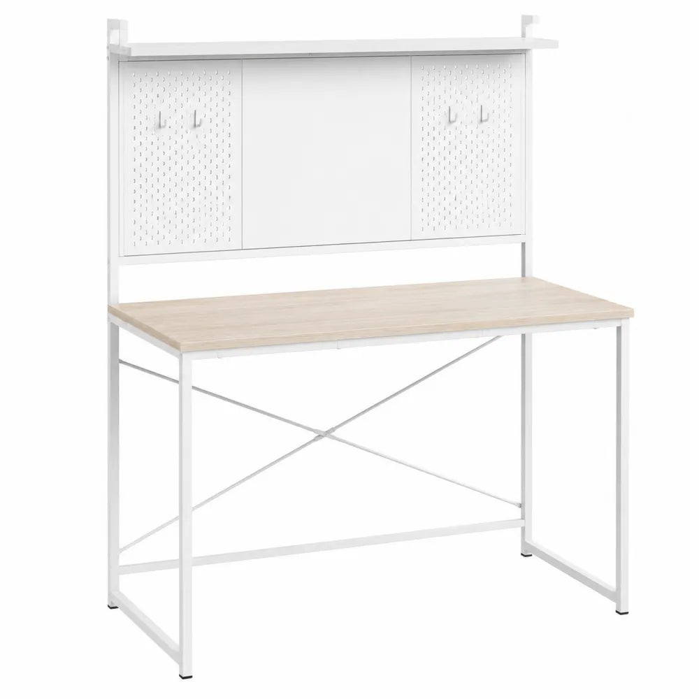 Schreibtisch mit Regal aus Holzoptik und weißem Stahlrahmen