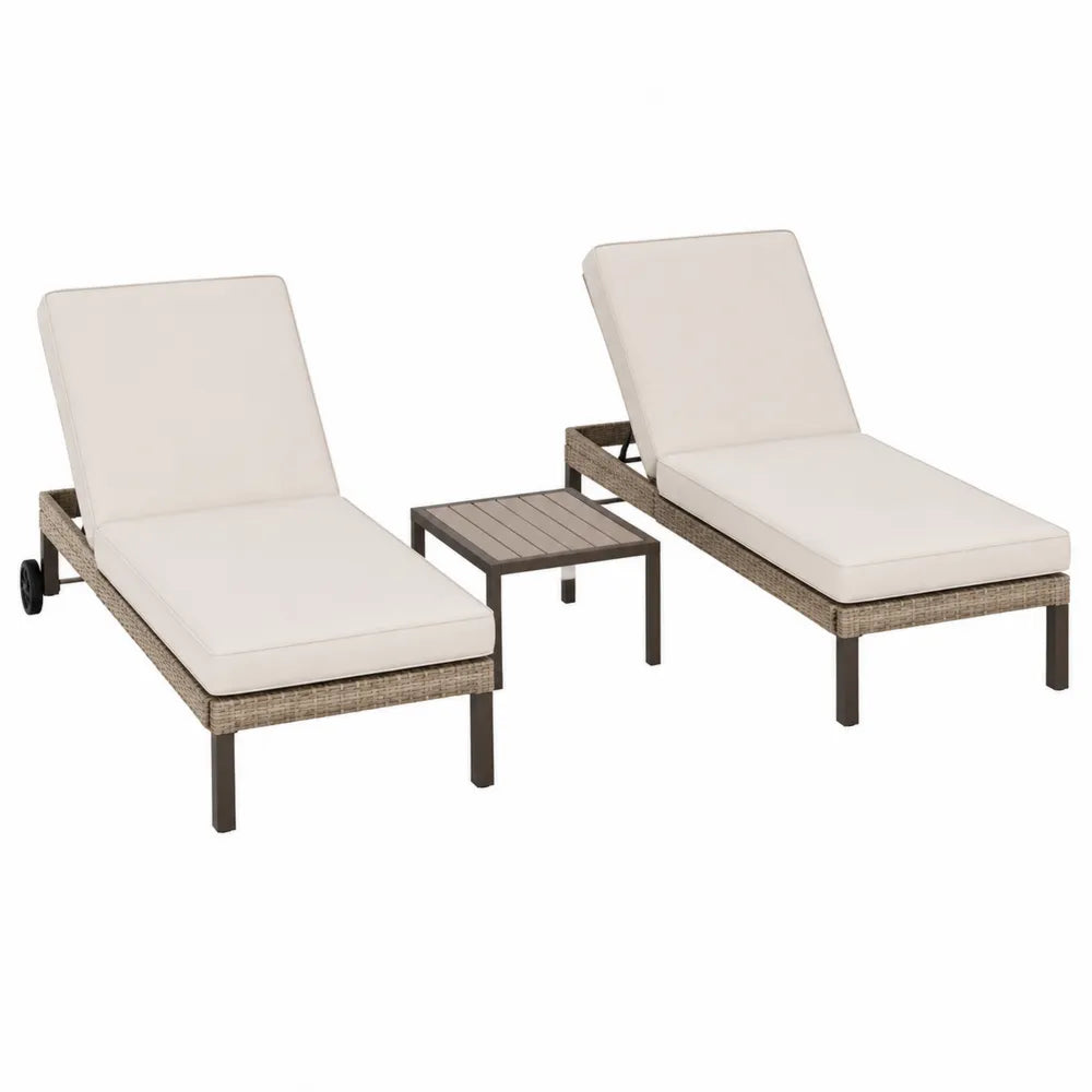 2er Set Sonnenliegen mit Beistelltisch Polyrattan Aluminium Braun/Creme