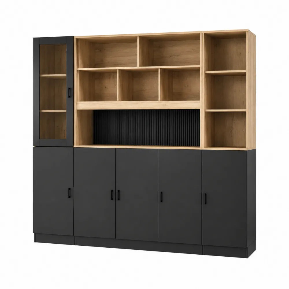 Schrankwand aus Eichenfurnier und MDF mit schwarzen Türen