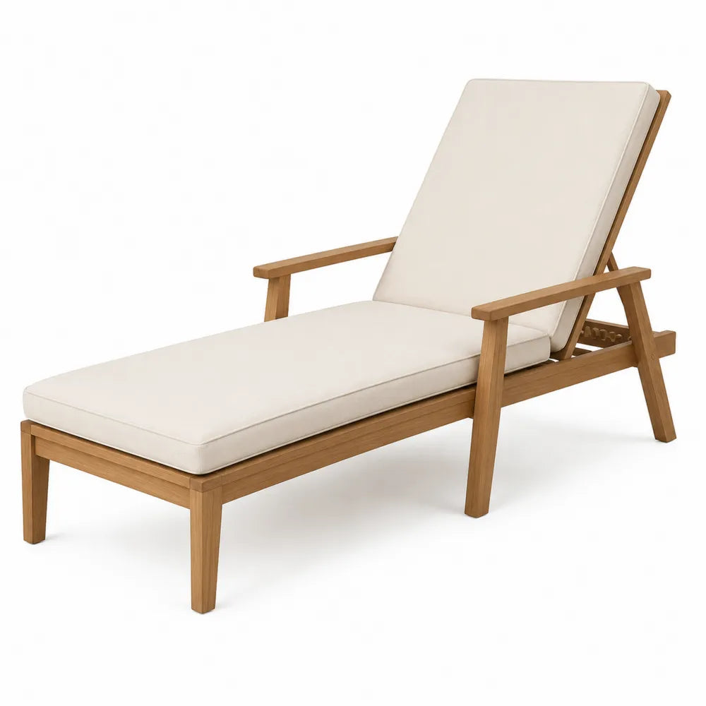 Liegestuhl aus Teakholz mit Polyesterkissen Beige