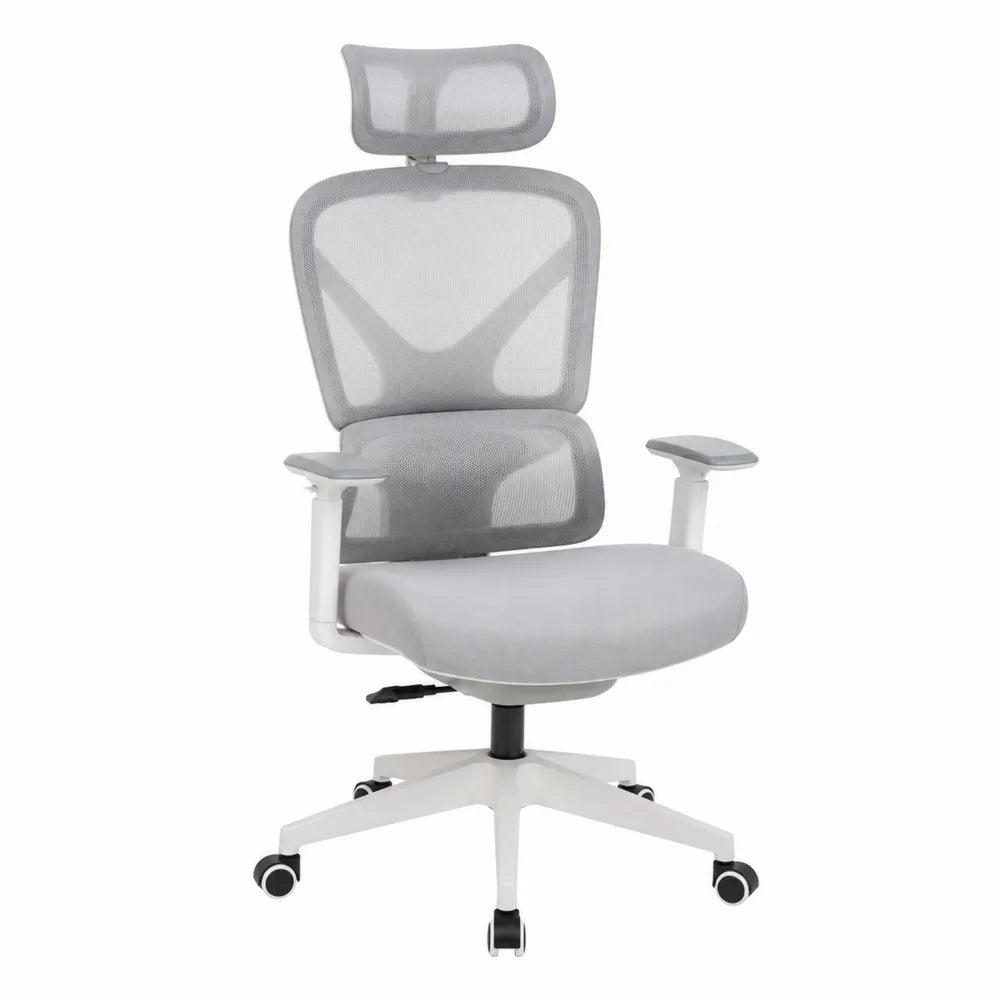 Ergonomischer Bürostuhl Grau mit Netzstoff und Kopfstütze