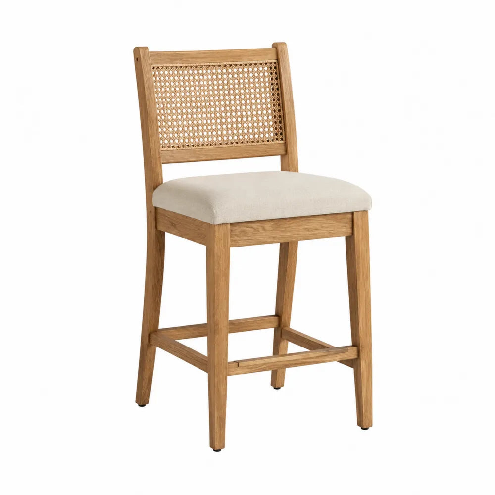 Barhocker aus Eichenholz mit Leinenpolster und Rohrgeflecht 105cm
