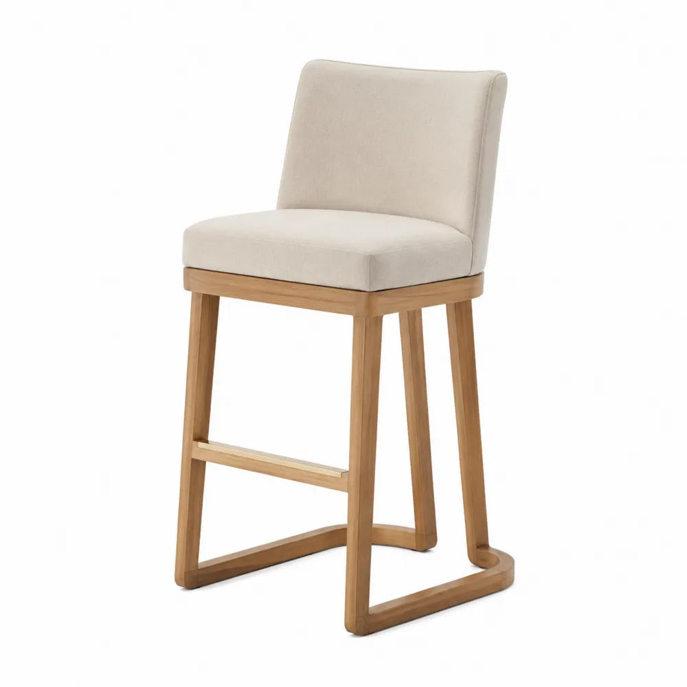 Barhocker aus Holz mit beigem Polyesterbezug
