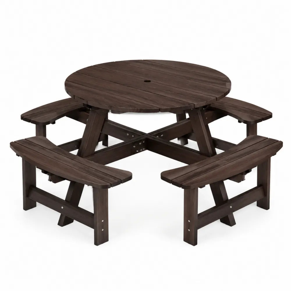Runder Holzgartentisch mit integrierten Bänken Dunkelbraun 120cm